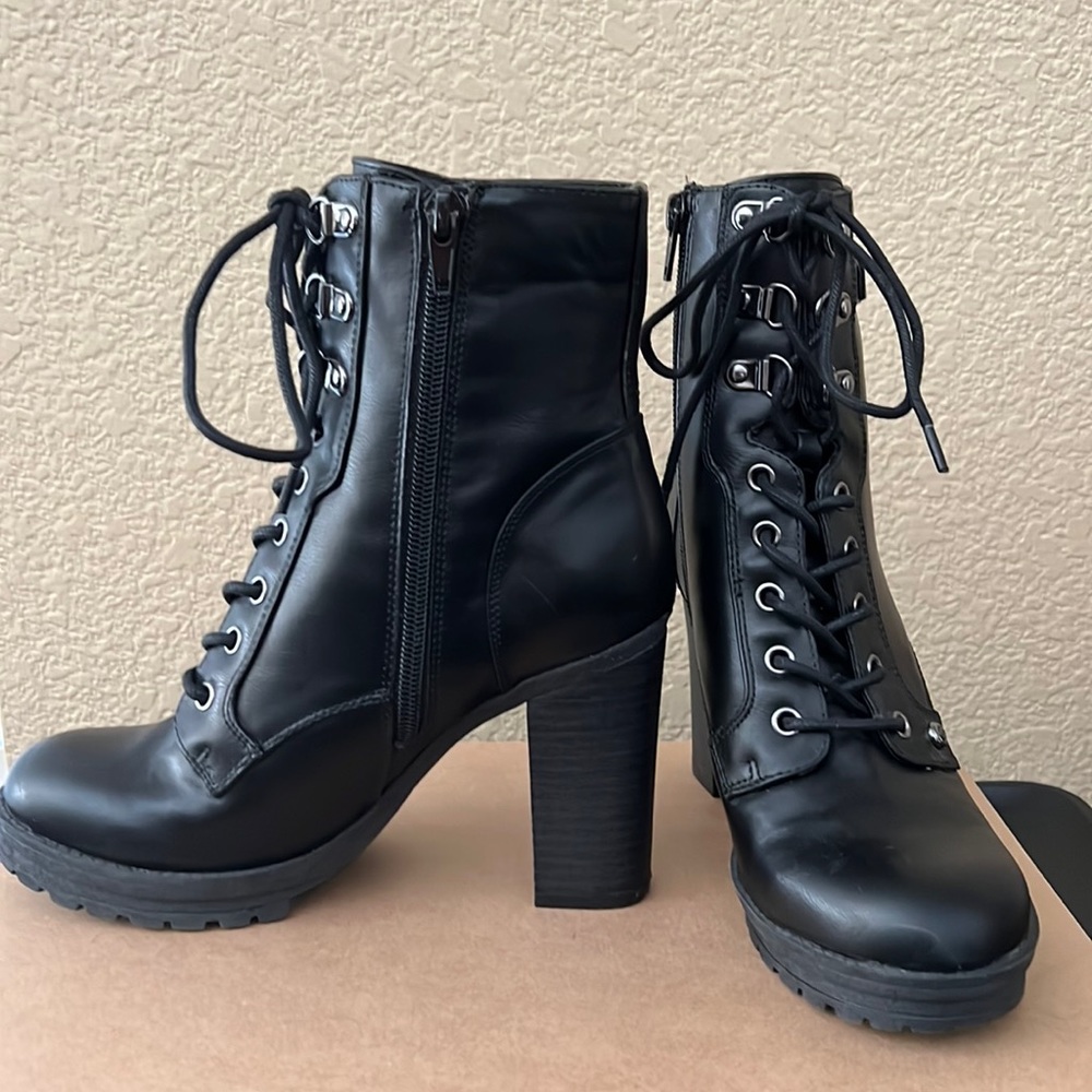 G By Guess Black Leather Combat Ankle Boots. - Picture 3 of 10